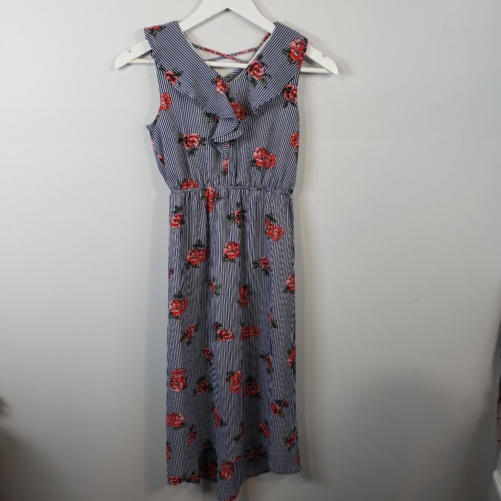 Monteau Girl Navy & Pink Lined Dress Ruffle Youth Size 12 EUC Super Cute! / B127